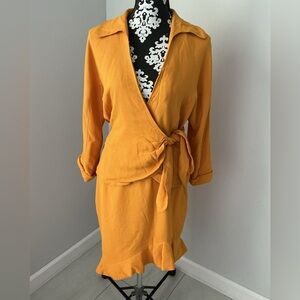 Nipon Boutique Mustard yellow wrap blouse and skirt set. Sz 10